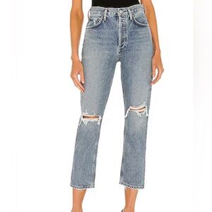Agolde Jeans Riley High Rise Straight Crop Womens 27 Blue Button Fly Distressed
